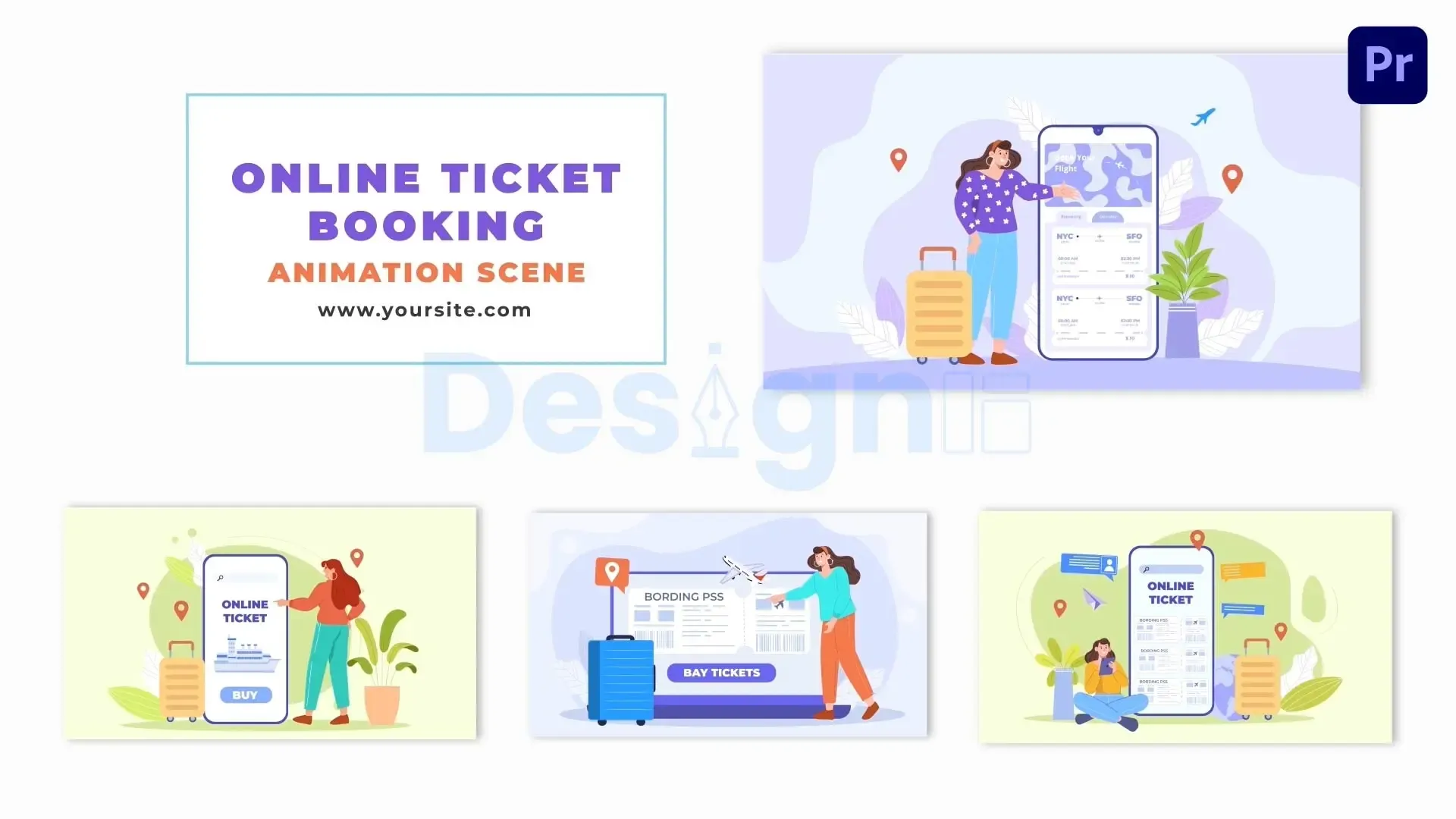 New 2D Design Online Travel Ticket Booking Animation Scene